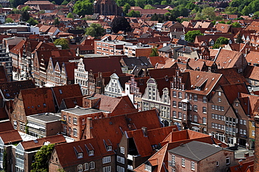 View from the water tower on the old gabled houses of the Old Town, "Am Sande" street, Lueneburg, Lower Saxony, Germany, Europe