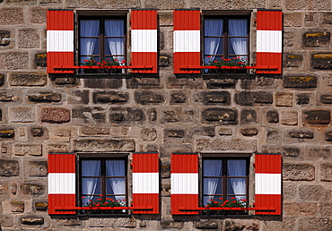 Red and white shutters on the old Hersbrucker Tor, Hersbruck gate, Lauf an der Pegnitz, Middle Franconia, Bavaria, Germany, Europe