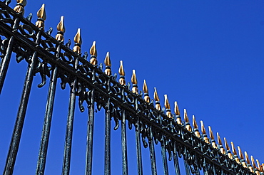 Iron fence detail, from the "Erbdrostenhof" building, baroque noble palace, Muenster, North Rhine-Westphalia, Germany, Europe