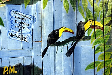 Mural with toucans, advertisement for a restaurant in Quepos, Costa Rica, Pacific Ocean, Central America