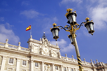 Royal Palace, Palacio Real, gold street lamp in the square of Plaza de Armeria, Madrid, Spain, Europe