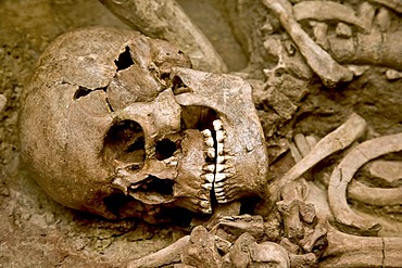 Human skeleton in an open grave