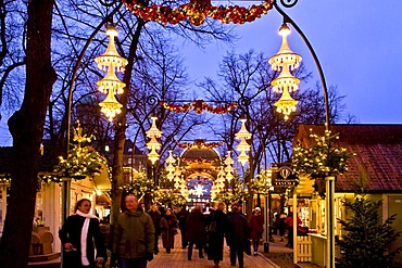 Christmas decorated main street in Tivoli, Copenhagen, Denmark