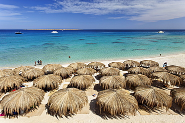 Beach, parasols, lagoon, swimmers, people, ships, Beach Mahmya, beach, Giftun Island, Hurghada, Egypt, Africa, Red Sea