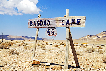 Sign Bagdad Cafe in the Syrian desert, Syria, Asia