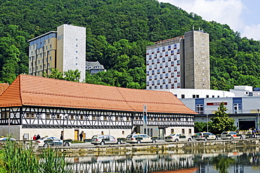 Weapons museum and prefabricated concrete buildings of the GDR, in the back Domberg mountain, Suhl, Thuringia, Germany, Europe