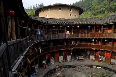 Round courtyard of a Tulou round house, dirt round houses, adobe round houses, the Chinese minority Hakka, near Yongding and Hukeng, Fujian, China