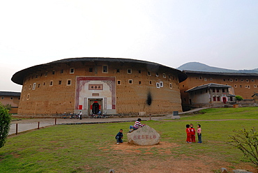 Round houses in Yongding and Hukeng, adobe round houses, Chinese: Tulou, of the Hakka, the Chinese minority, Fujian, China, Asia