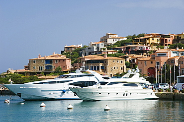 Motor yacht in the harbor, Porto Cervo, Sardinia, Italy, Europe