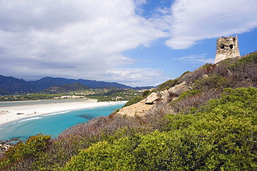 Beach, panorama, bay, coast, Saracen tower, Porto Giunco Playa, Villasimius, Sardinia, Italy, Europe