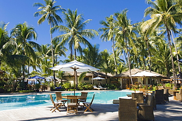 Hotel pool, palm trees, Ngapali Beach, Thandwe, Rakhine Coast, Bay of Bengal, Burma, Myanmar, Asia