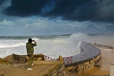 Waves breaking on Socoa dyke during storm "Klaus", Basque Country, France