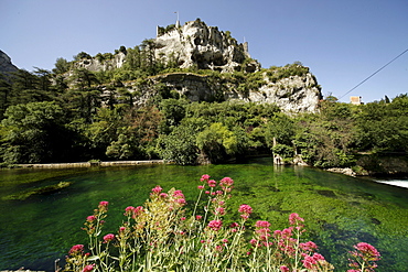 Castle ruins on a cliff, on Sorgue River, near Fontaine de Vaucluse, Provence, France, Europe