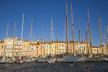 Sailing yachts in the marina of Saint-Tropez during the sailing regatta "Les Voiles de Saint-Tropez", Departement Var, at the Cote d'Azur, Provence, Southern France, France