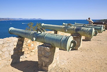 Historical cannons of the citadel above the bay of Saint-Tropez, Departement Var, Cote d'Azur, Provence, Southern France, France