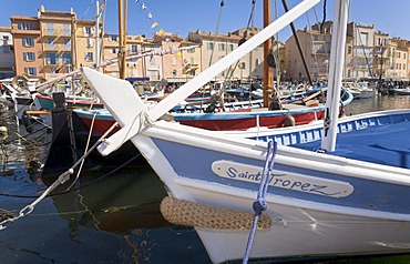 A boat called "Saint-Tropez" in the harbour of Saint-Tropez, Departement Var, Cote d'Azur, Provence, Southern France, France