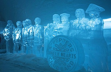 Firgures made from ice clocks in the ice hotel of Jukkasjaervi, imitating the cover of the Beatles-LP "Sergeant Peppers Lonely Hearts Club Band", Jukkasjaervi, Lappland, Northern Sweden