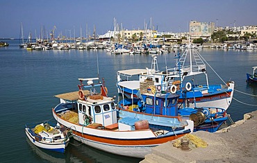 Fishing boats in the Venetian harbor of Heraklion, island of Crete, Greece, Europe