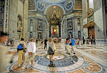 Marble floor, Baldacchino baldachin, central nave, St. Peter's Basilica, Vatican City, Rome, Latium, Italy, Europe