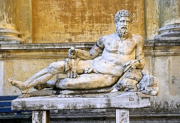 Antique statue of a reclining god, Braccio Nuovo new wing, Cortile della Pigna museum, Vatican museums, Vatican City, Rome, Latium, Italy, Europe