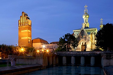 Hochzeitsturm tower and the Russian chapel of the Mathildenhoehe artist's colony, Darmstadt, Hesse, Germany, Europe