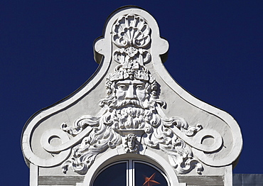 Art Nouveau ornament on the gable of a house at the market square, Eutin, Schleswig-Holstein, Germany, Europe