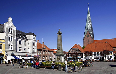 Market place with business houses and historic church of St. Michaelis, Eutin, Schleswig-Holstein, Germany, Europe