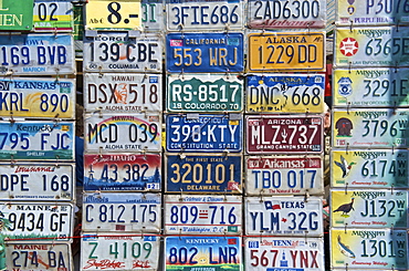 American car license plates, flea and antiques market at Naschmarkt makret, in the 6th Mariahilf district of Vienna, at the Wienzeile street, Vienna, Austria, Europe