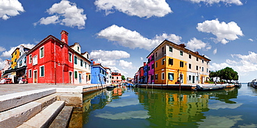 Panoramic view of the city with colorfully painted houses and canals of Burano, Venice, Italy, Europe