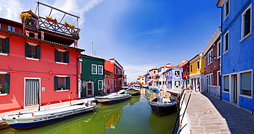 Panoramic view of the city with colorfully painted houses and canals of Burano, Venice, Italy, Europe