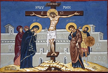 Greek Orthodox Christianity, painting, Jesus Christ on the cross, Moni Ipsilou monastery, Lesbos Island, Aegean Sea, Greece, Europe