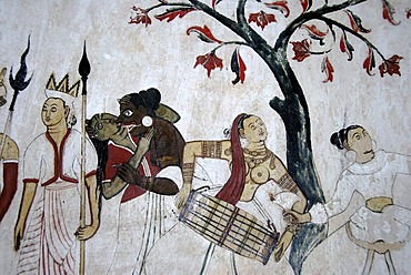 Buddhism, ancient wall painting, bare-breasted woman playing tabla drum, Mulgirigala Temple, Mulkirigala, Ceylon, Sri Lanka, South Asia, Asia