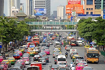 Big city, traffic jam, cars and mopeds, in front of colourful skyline, Ratchadamri Road, Bangkok, Thailand, Southeast Asia