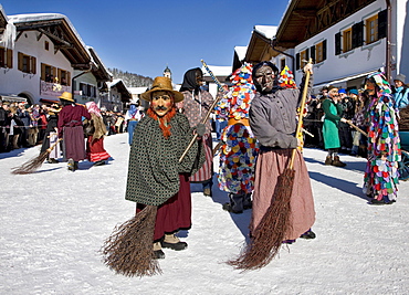 "Beserer", witches with brooms, besoms, carnival, Mittenwald, Werdenfels, Upper Bavaria, Bavaria, Germany, Europe