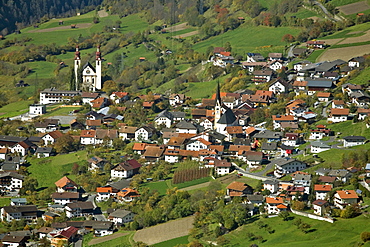 View from the Pillerhoehe valley, Am Gachenblick, Gach view, Fliess, St. Barbara church, Oberinntal, Upper Inn valley, Tyrol, Austria, Europe