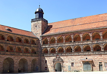 The "Schoene Hof", "Beautiful courtyard", Renaissance building with reliefs between the arcades, Hohenzollern residence Plassenburg castle, Kulmbach, Upper Franconia, Bavaria, Germany, Europe