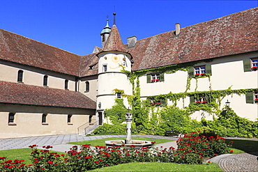 Courtyard of the minster dedicated to the Virgin and Saint Mark, Marienmuenster, Abbey of Reichenau, Mittelzell, Reichenau Island, Lake Constance, Konstanz district, Baden-Wuerttemberg, Germany, Europe