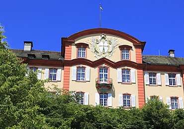 East gable bearing the Teutonic coat of arms of the Baroque castle of Mainau, Mainau Island, Lake Constance, Konstanz district, Baden-Wuerttemberg, Germany, Europe, Europe