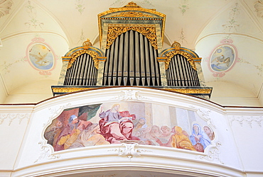 Organ and interior of the Castle Church of St. Marien on Mainau Island, Lake Constance, Konstanz district, Baden-Wuerttemberg, Germany, Europe, Europe