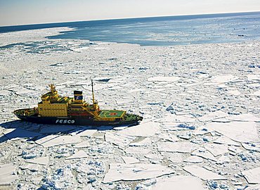 Icebreaker Capt. Khlebnikov steering through pack ice off the coast of Franklin Island, Antarctica