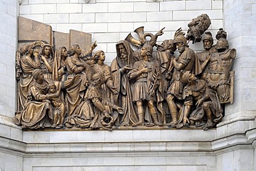 Fragment of facade with high relief of a Bible scene, Cathedral of Christ the Saviour, Moscow, Russia