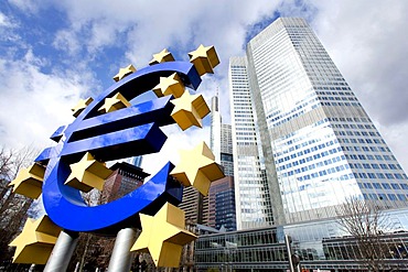 European Central Bank with Euro symbol in Frankfurt am Main, Hesse, Germany, Europe