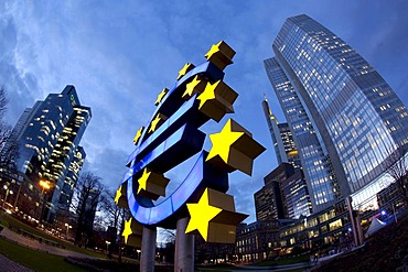 European Central Bank, right, with the euro symbol and Dresdner Bank, left, in Frankfurt am Main, Hesse, Germany, Europe