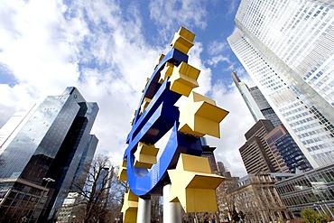 European Central Bank, right, with the euro symbol and Dresdner Bank, left, in Frankfurt am Main, Hesse, Germany, Europe