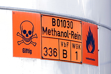 Warning sign, methyl, toxic, highly flammable, at the fuel depot of the pharmaceutical company Boehringer Ingelheim GmbH, Ingelheim, Rhineland-Palatinate, Germany, Europe