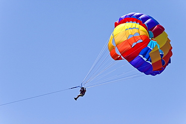 Man hanging from a paraglider high in the air, coast near Coral Bay, Cyprus, Europe