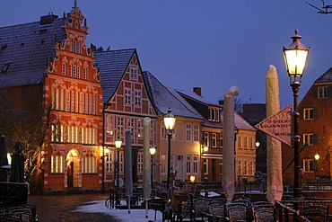 Snow flurry in the historical part of town, Stade, Lower Saxony, Germany