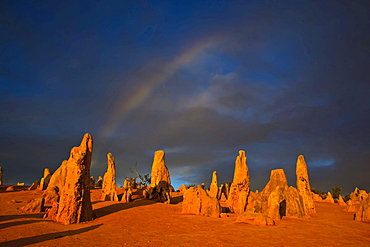 Pinnacles rock formation with rainbow, Pinnacles National Park, Western Australia, Australia