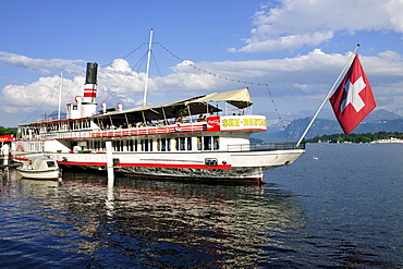 Lake restaurant on board a ship on Lake Lucerne in the port of Lucerne, Canton of Lucerne, Switzerland, Europe