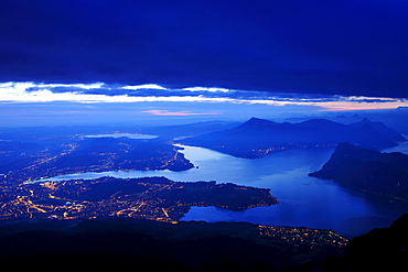 View in the early morning from Mount Pilatus on Lake Lucerne and the city of Lucerne, Switzerland, Europe